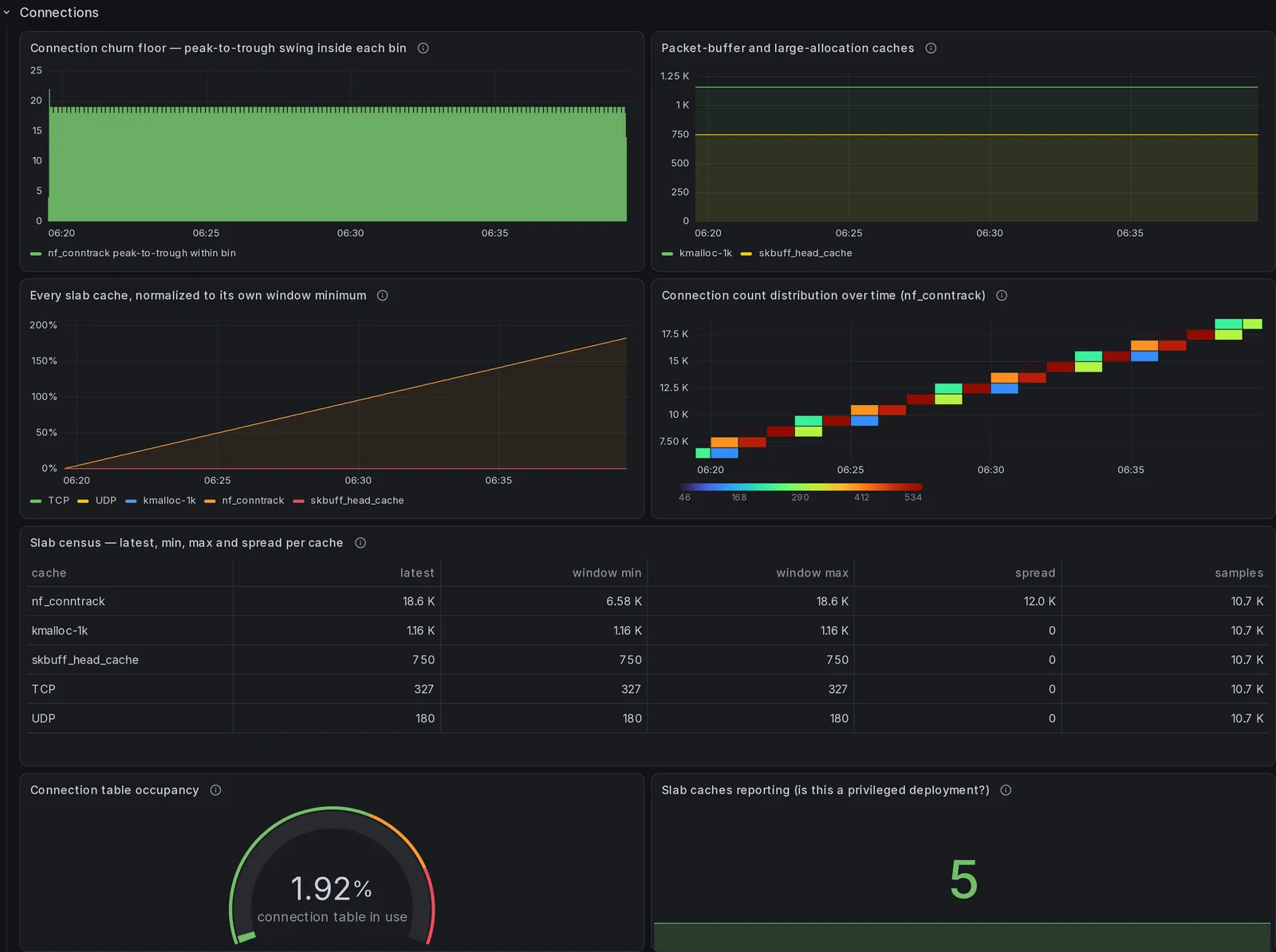 The "Connections" section of the InfluxDB dashboard, 9 panels, rendered over the demonstration database