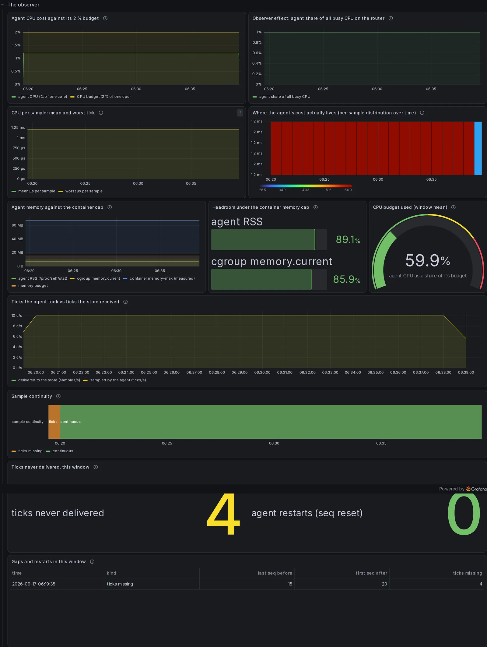 The "The observer" section of the InfluxDB dashboard, 11 panels, rendered over the demonstration database