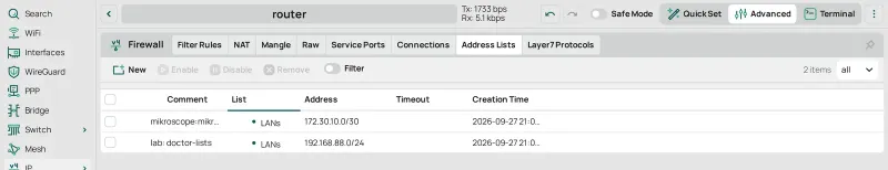 The Address Lists tab after OK: 172.30.10.0/30 in LANs beside the router's LAN range.