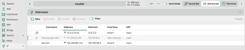 IP › Addresses after OK: 172.30.10.1/30 on veth-mikroscope beside the router's own addresses.