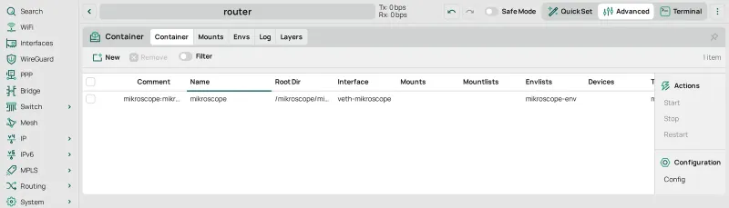The Container tab once the tar is extracted: one row, with the tag as Comment, its root dir, veth-mikroscope and mikroscope-env, and no R flag.