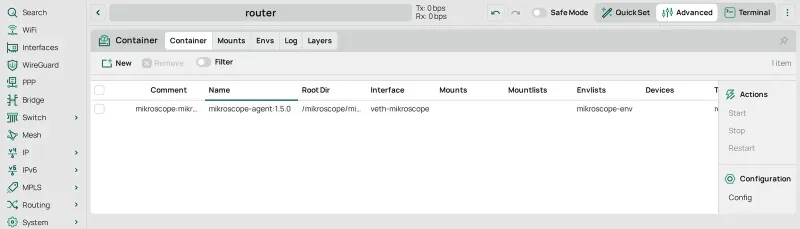 The Container tab once the pull is over: one row, with the tag as Comment, its root dir, veth-mikroscope and mikroscope-env, and no R flag.