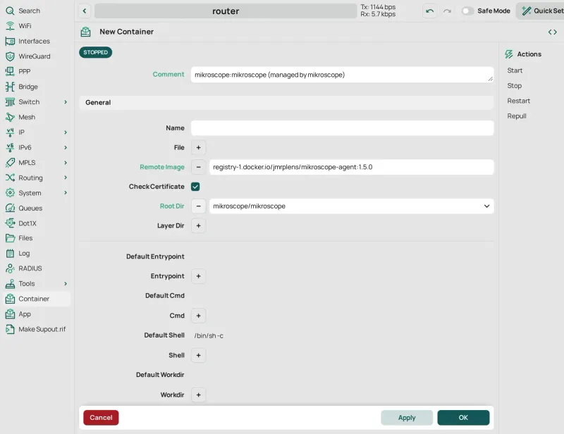 Container › New Container, top of the form: the mikroscope tag as Comment, Remote Image registry-1.docker.io/jmrplens/mikroscope-agent with the release tag, and Root Dir mikroscope/mikroscope.