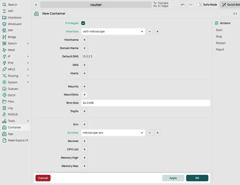 The same form further down: Privileged ticked, Interface veth-mikroscope and Envlists mikroscope-env.