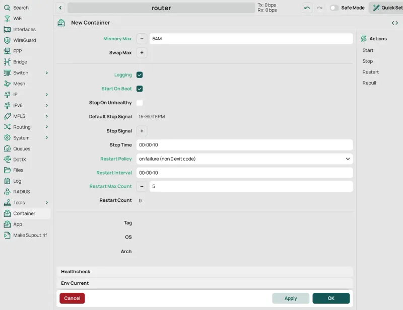 The bottom of the form: Memory Max 64M, Logging and Start On Boot ticked, Restart Policy on failure, Restart Interval 10 s and Restart Max Count 5.
