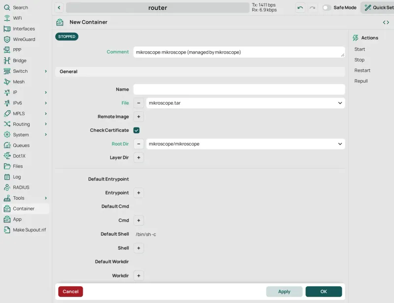 Container › New Container for the image tar: File mikroscope.tar in place of Remote Image, and Root Dir mikroscope/mikroscope.