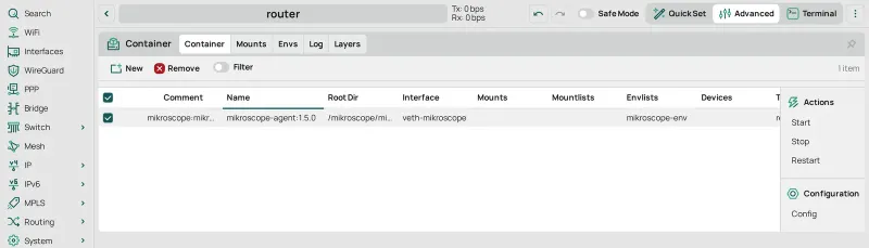 The Container tab with the mikroscope row selected and Start in the Actions panel.