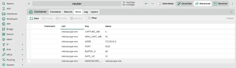 The Envs tab with the seven entries of mikroscope-env: MIKROSCOPE_TAG, RATE_HZ 10, BUFFER_S 60, PORT 9123, ADDR 172.30.10.2, MEM_LIMIT_MB 16 and CAPTURE_MB 4.