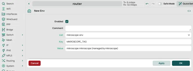 Container › Envs › New: List mikroscope-env, Key MIKROSCOPE_TAG, and the mikroscope tag as Value.