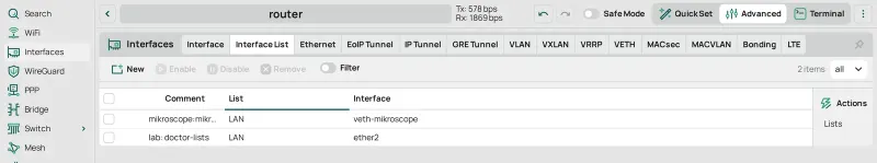 The Interface List tab after OK: veth-mikroscope is a member of LAN.