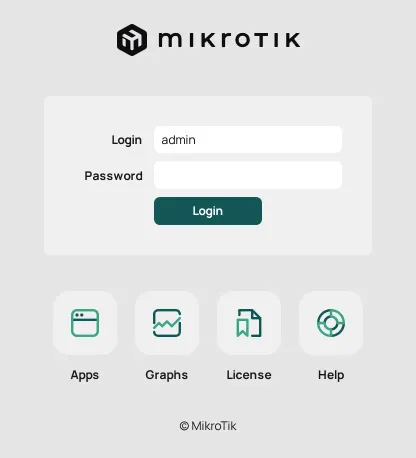 The WebFig login page: Login admin, the Password field empty, and the Login button.
