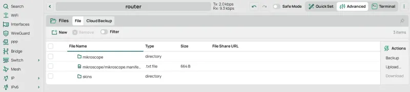 Files after OK: the new mikroscope directory and mikroscope/mikroscope.manifest.txt in it.
