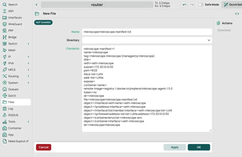 Files › New File: Name mikroscope/mikroscope.manifest.txt, and in Contents the manifest, from mikroscope-manifest=1 to dir=mikroscope/mikroscope.
