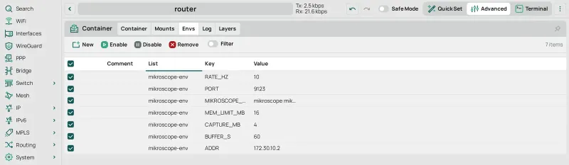 The Envs tab with the seven mikroscope-env entries selected, before Remove.