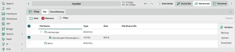 Files with mikroscope/mikroscope.manifest.txt selected, before Remove: the container's root dir went with the container, and the mikroscope directory goes once it is empty.
