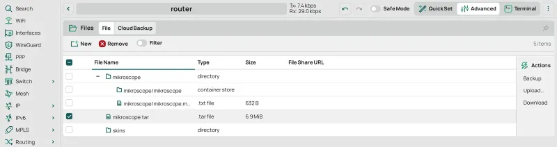 Files with mikroscope.tar selected, before Remove: the image is extracted and the tar is no longer needed.