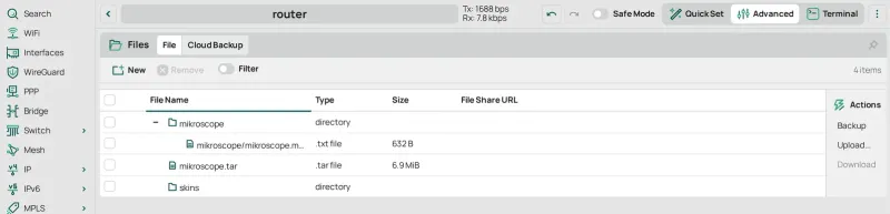 Files after Upload…: mikroscope.tar at the top of the router's storage, beside the mikroscope directory that holds the manifest.