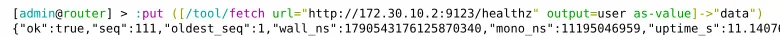 WebFig's Terminal: /tool/fetch of http://172.30.10.2:9123/healthz, and the first row of the agent's answer, which opens with "ok":true.