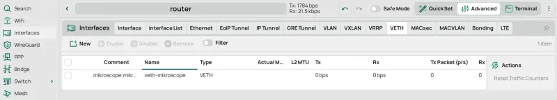 The VETH tab after OK: veth-mikroscope, with the mikroscope tag as its comment.